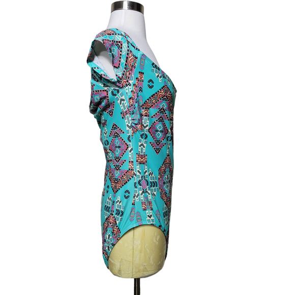 Mae Amazon Green Swimwear Off the Shoulder One Piece Swimsuit Geometric Large - Picture 4 of 10